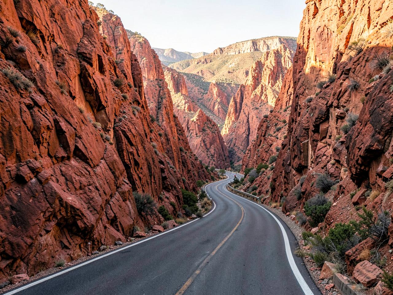 Winding road through the red rock walls of Dades Gorge in Morocco