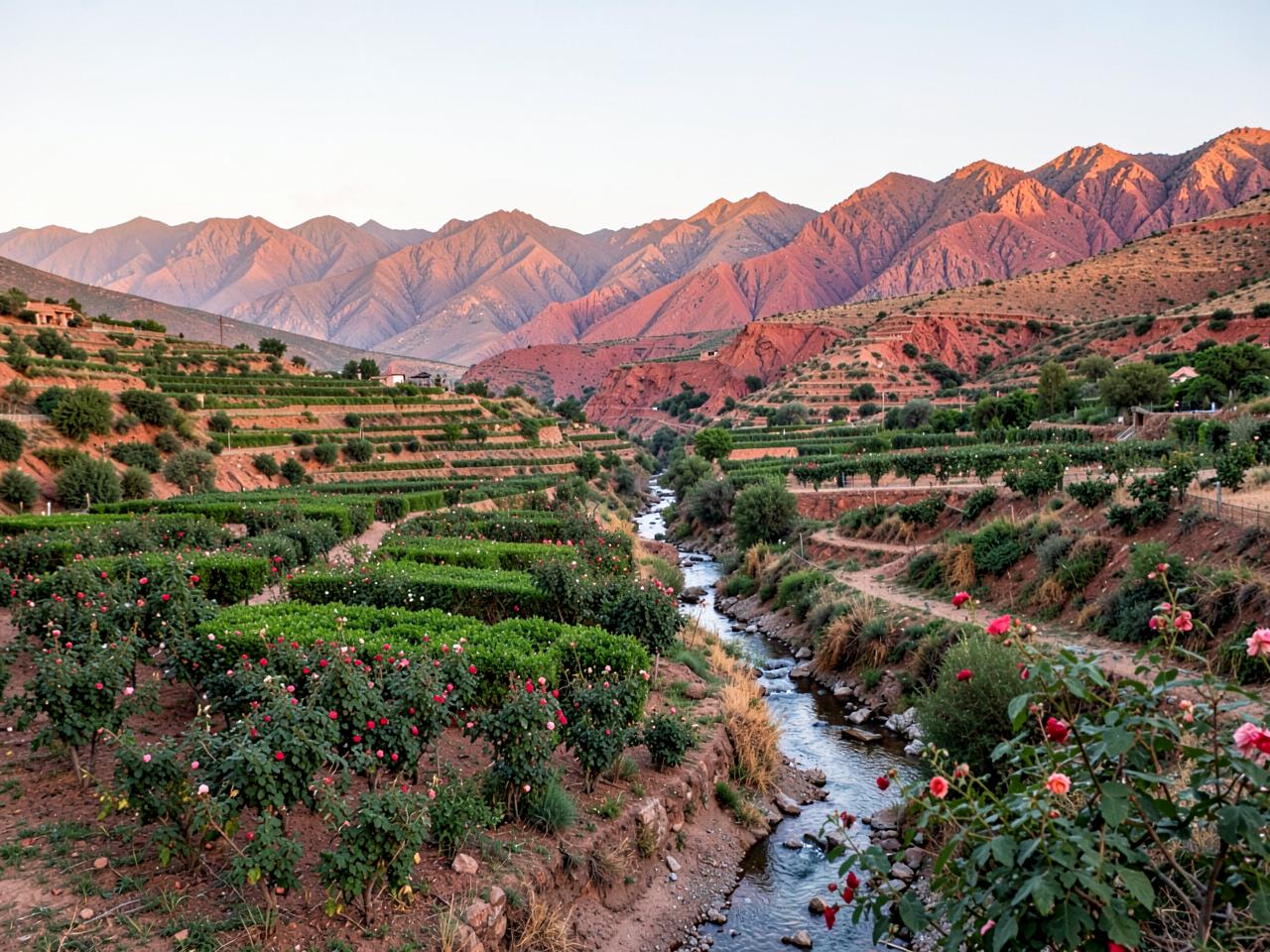 Terraced rose gardens along the riverbed of Morocco's Rose Valley