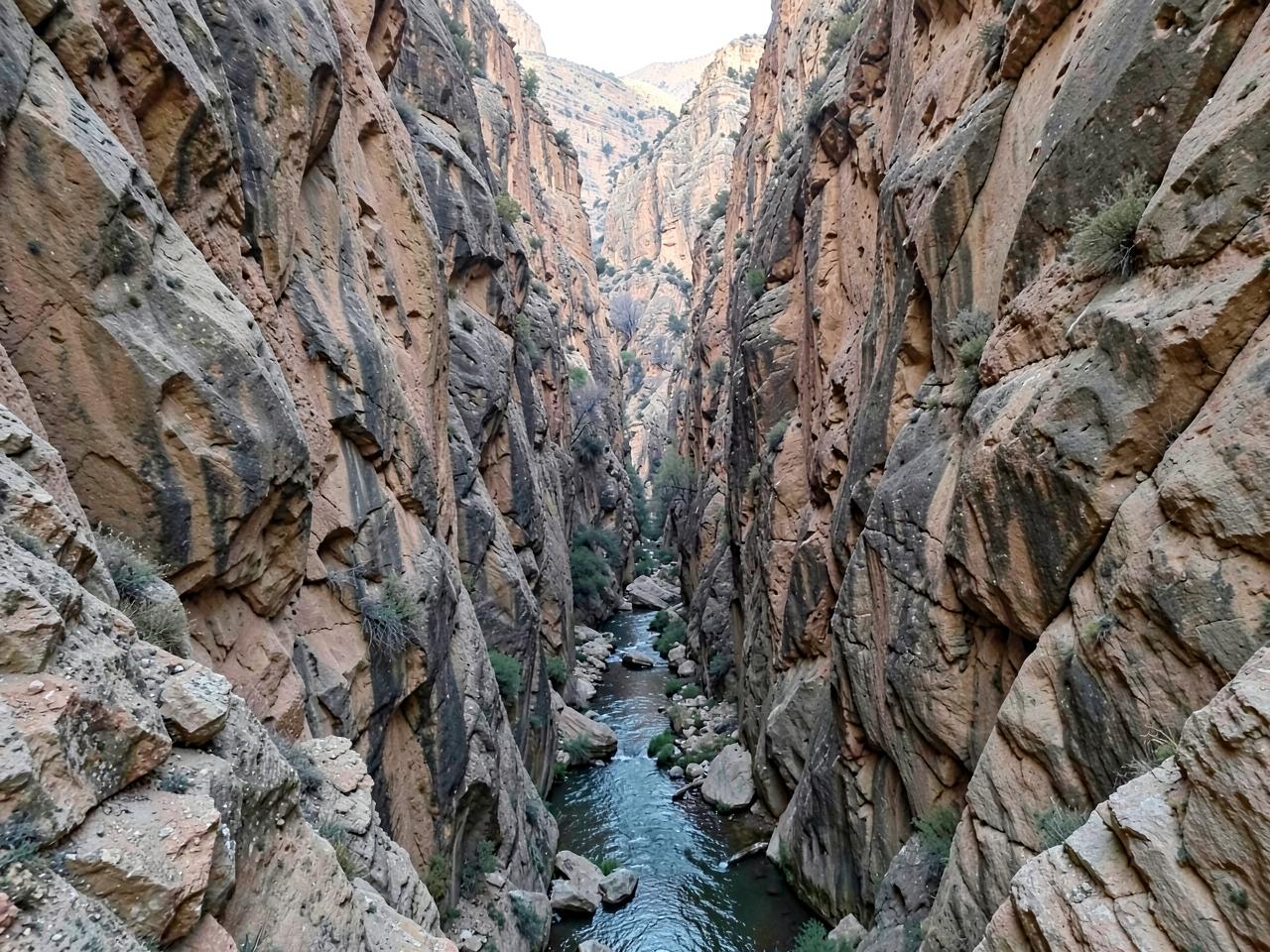 Narrow limestone walls of Todgha Gorge near Tinghir, Morocco